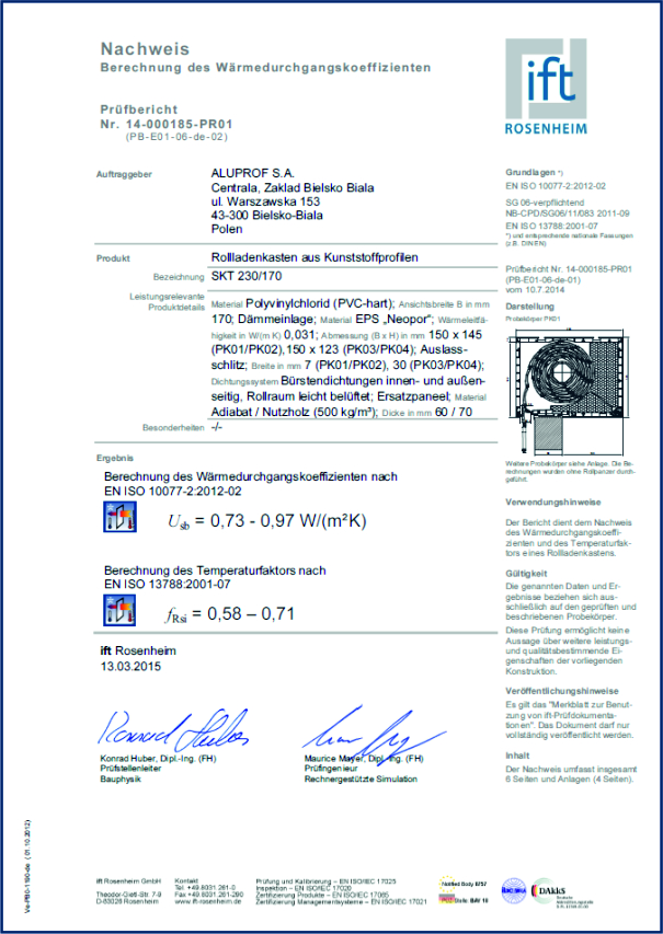 Prüfbericht Aufsatzrollladen SKT 170