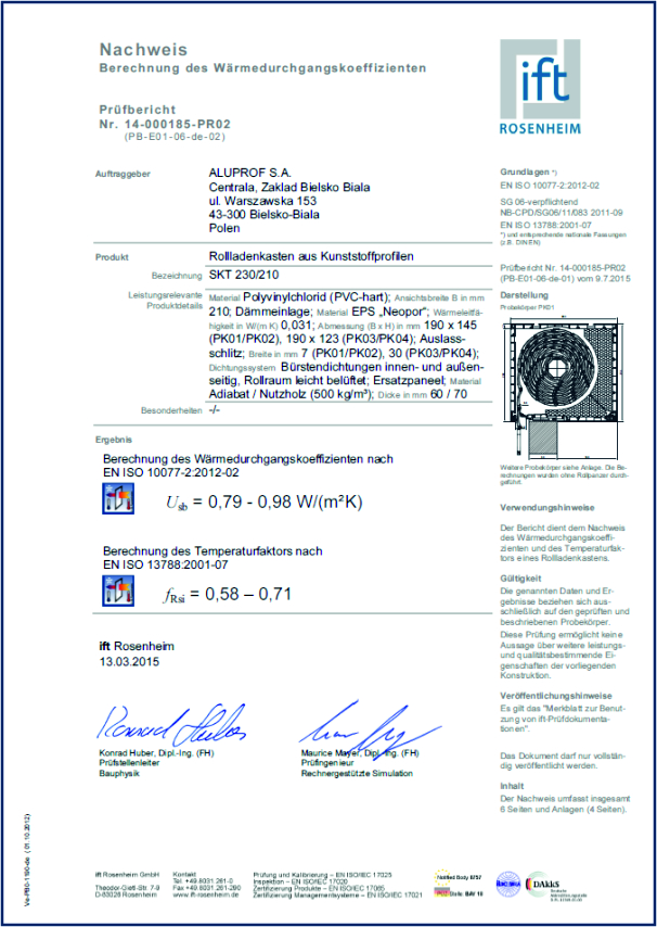 Prüfbericht Aufsatzrollladen SKT 210